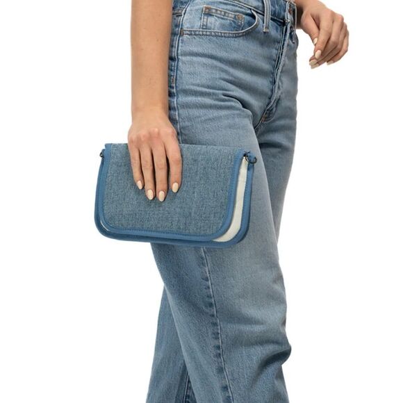 Stylish Blue Denim Crossbody Bag Small Wallet on Chain - NWT White Vegan Leather - Picture 2 of 9